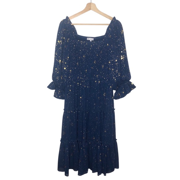 IVY CITY CO Starry Nights Navy Blue Gold Star Midi Dress Size XXL Holiday Party - Picture 2 of 7